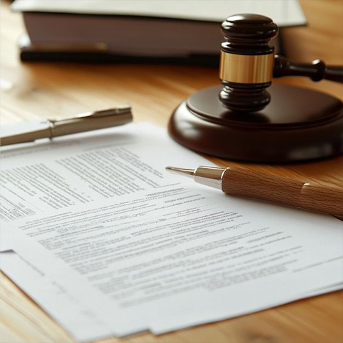 Contratos em cima da mesa e martelo de direito